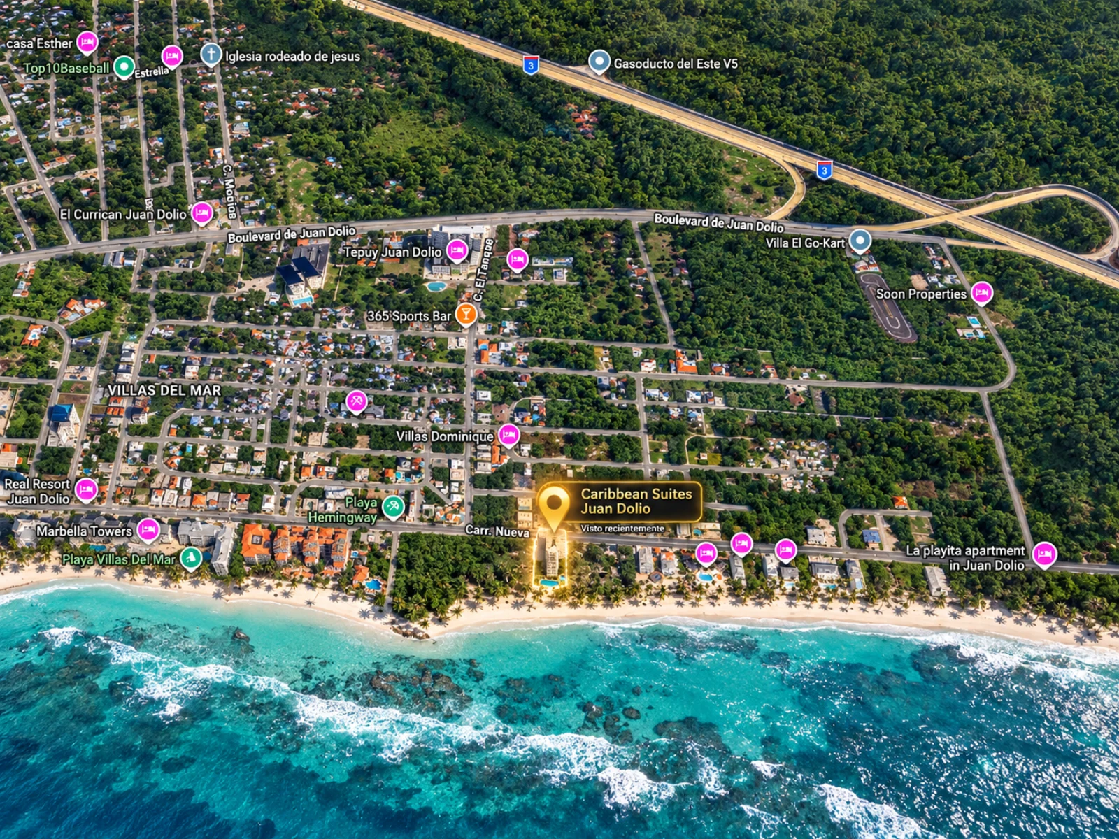 Mapa satelital de Caribbean Suites y sus alrededores en Juan Dolio